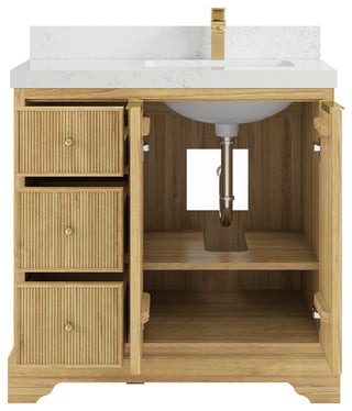 Austin 36 Right Offset Bath Vanity in Light Natural Teak 2" Empira Quartz