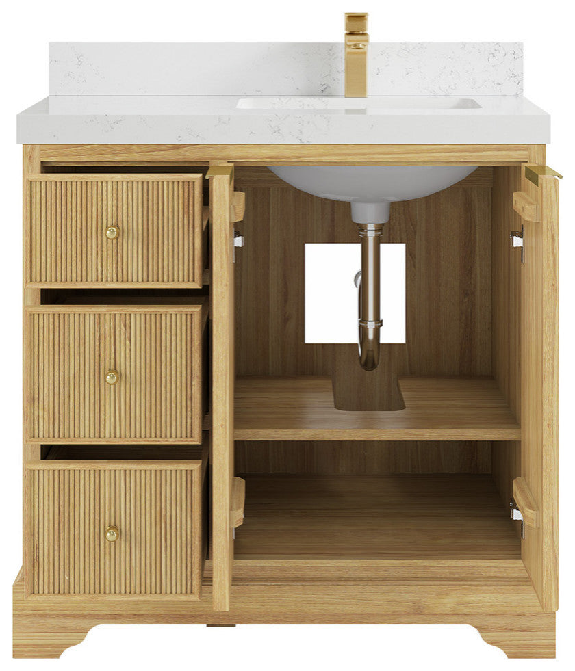 Austin 36 Right Offset Bath Vanity in Light Natural Teak 2" Empira Quartz