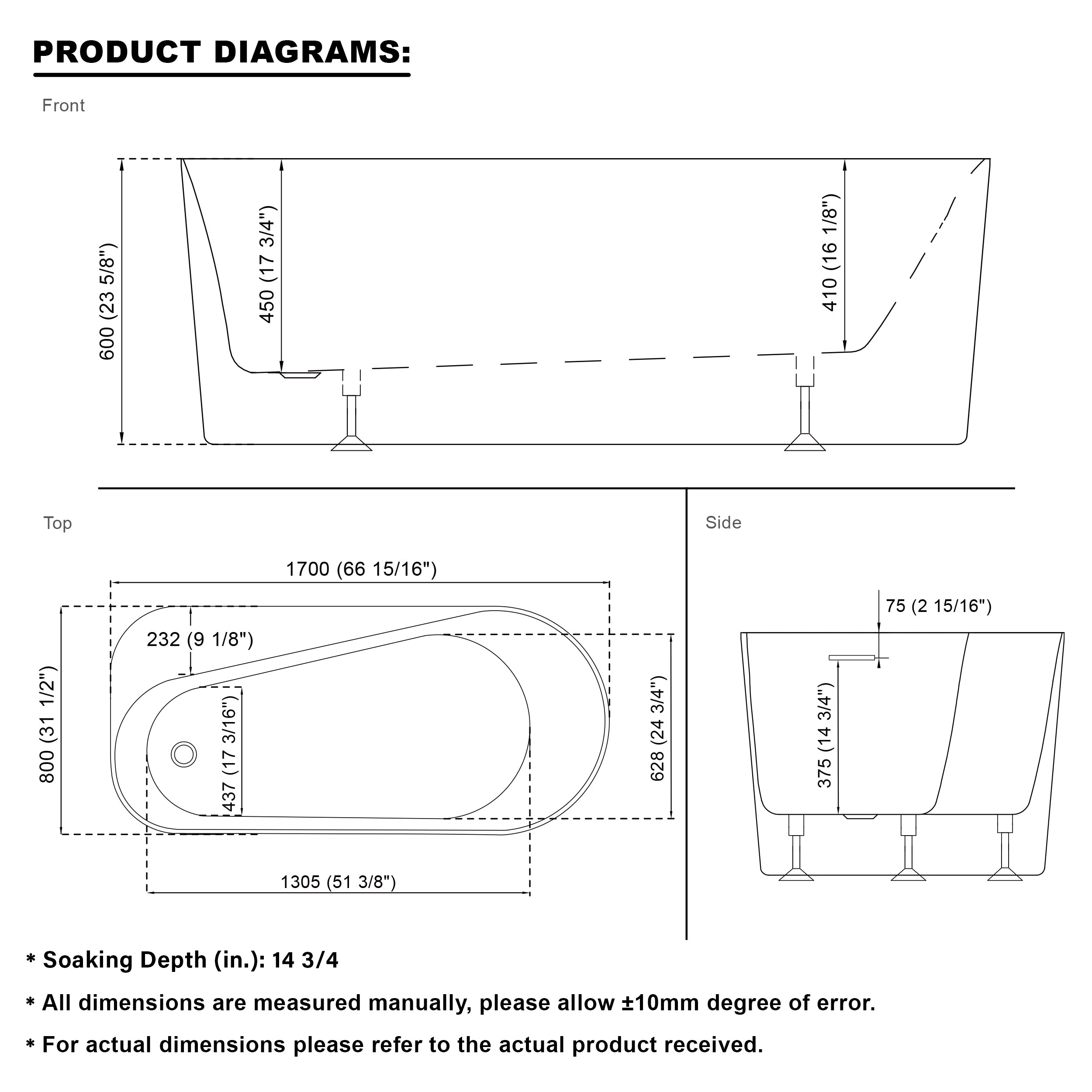 65 inch Freestanding Solid Surface Soaking Bathtub in Cement Grey
