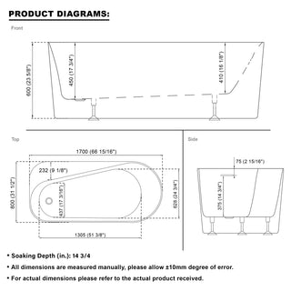 65 inch Freestanding Solid Surface Soaking Bathtub in Cement Grey