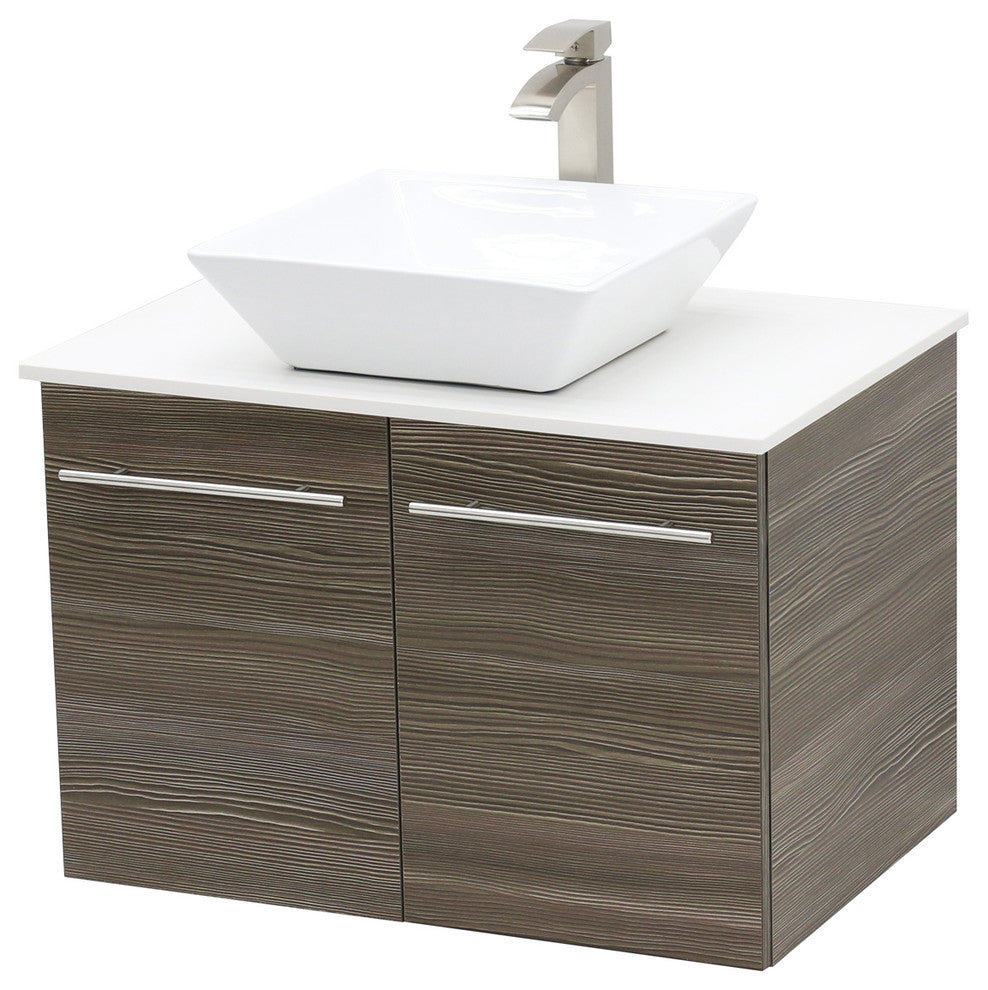 36" Wall Mount Vanity, White Stone Countertop, Taupe Grey