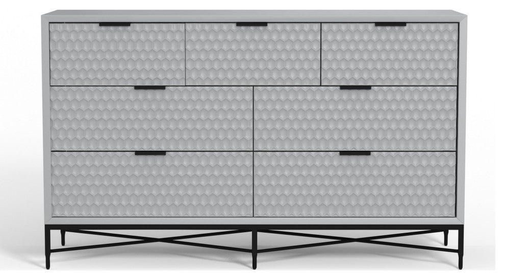 Benzara BM284245 7 Drawer Dresser, Honeycomb, Mahogany Wood, Light Gray, Black