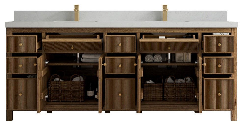 Sonoma Teak 84 Double Sink Bath Vanity in Dark Natural with 2" Carrara Quartz