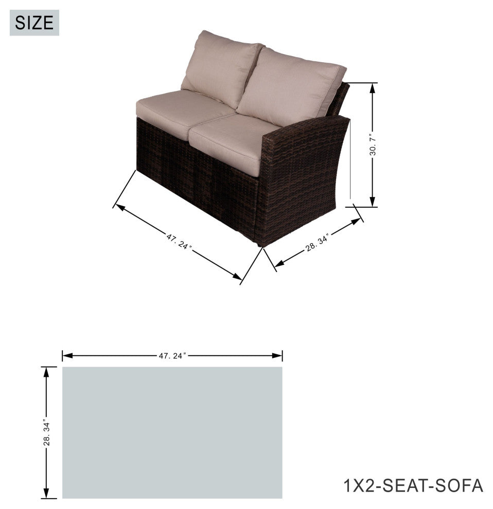 7-Piece Outdoor Gray Wicker Sofa Set with Chairs, Brown Fire Pit Table