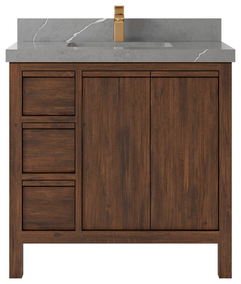 Elizabeth 36 Center Sink Bath Vanity in Dark Walnut Teak 2" Piatra Gray