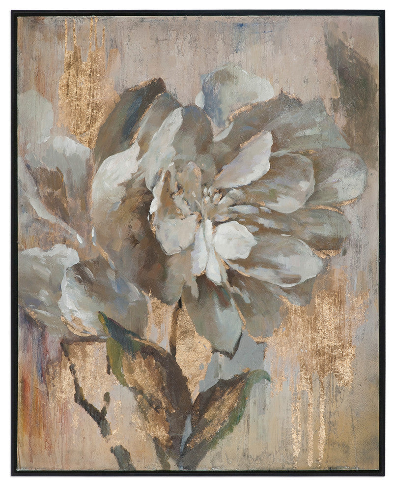 White Gold Floral Peony Painting, Oversize 51" Wall Art Artwork Flower Black