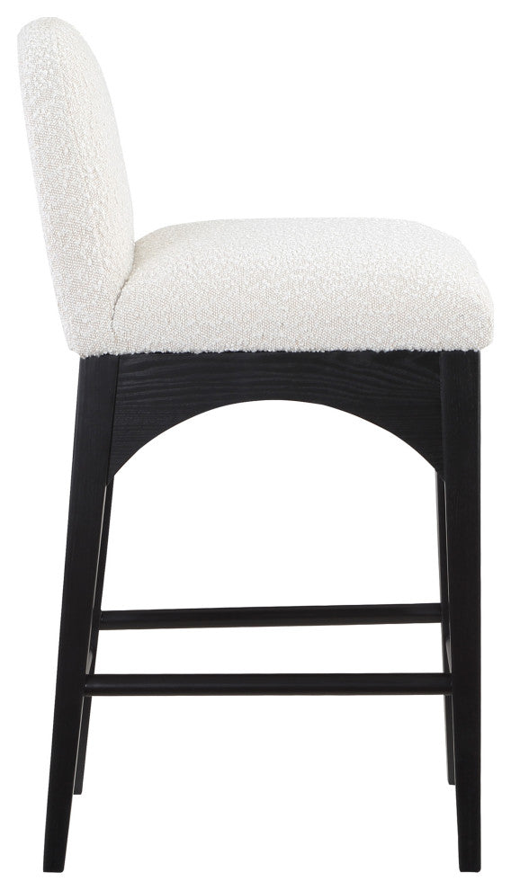Waldorf Chenille Upholstered Stool, Black, Chenille, Natural Finish, Cream, Boucle Fabric, Black Finish
