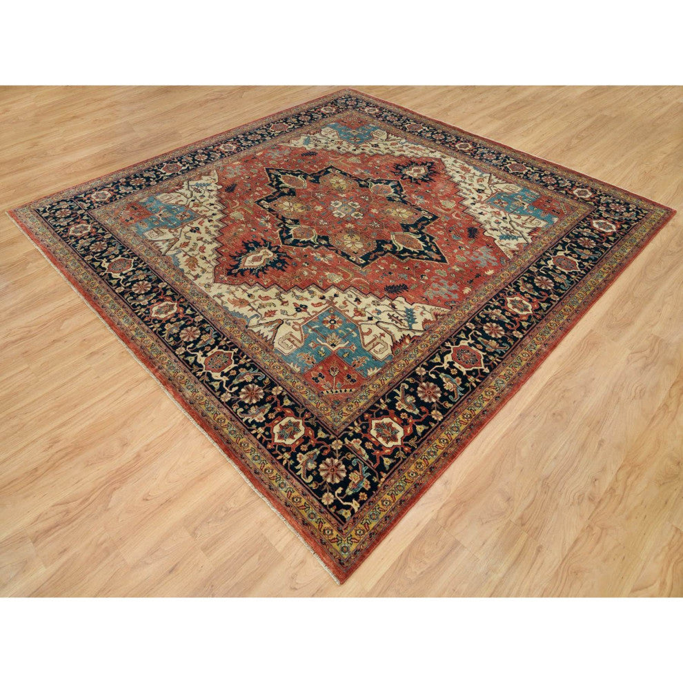 Rust Red Hand Knotted Heris Re-Creation Wool Square Oriental Rug, 9'10"x10'2"