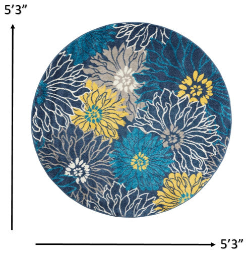 5' Blue Round Floral Power Loom Area Rug