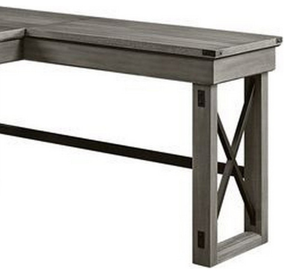 Benzara BM269055 L Shaped Writing Desk With Lift Top and Sled Base, Oak Gray