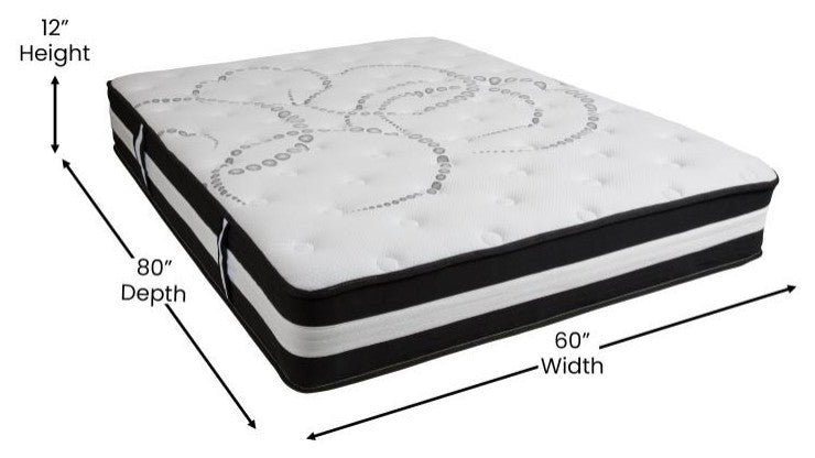 14" Metal Platform Bed Frame, 12" Pocket Spring Mattress & Memory Foam Topper, Black, King