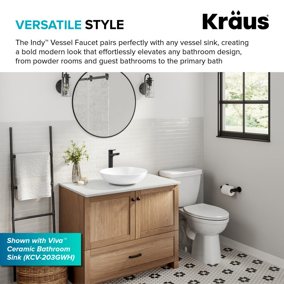 KRAUS Indy Single Handle Vessel Bathroom Faucet Matte Black, Pop Up Drain