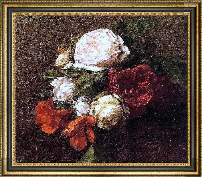 Henri FantinLatour Roses and Nasturtiums Framed Premium Canvas Print, 16"x20"
