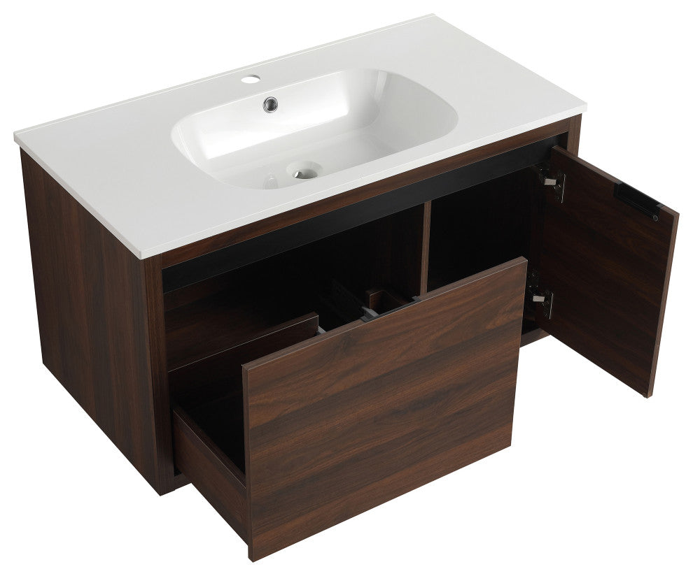 36" Plywood Wall Mounted Bath Vanity Set, Integrated Resin Sink