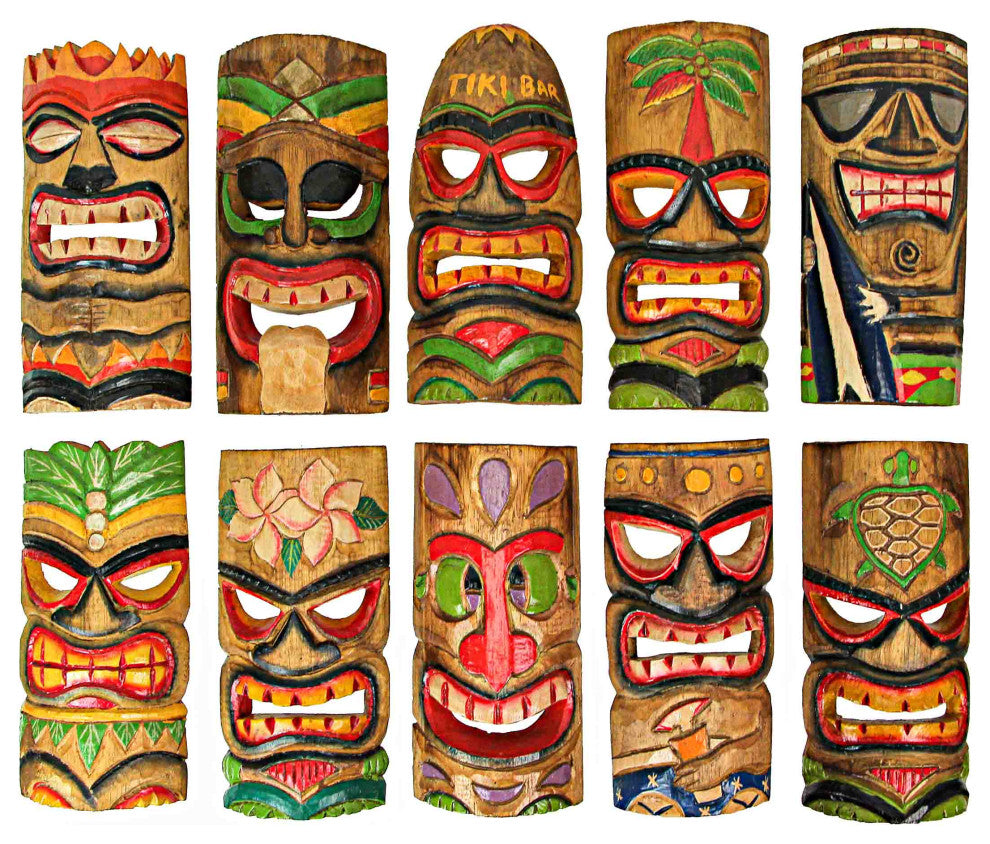 10 Piece Polynesian Party Hand Carved Island Style Wooden Tiki Masks 10 Inch