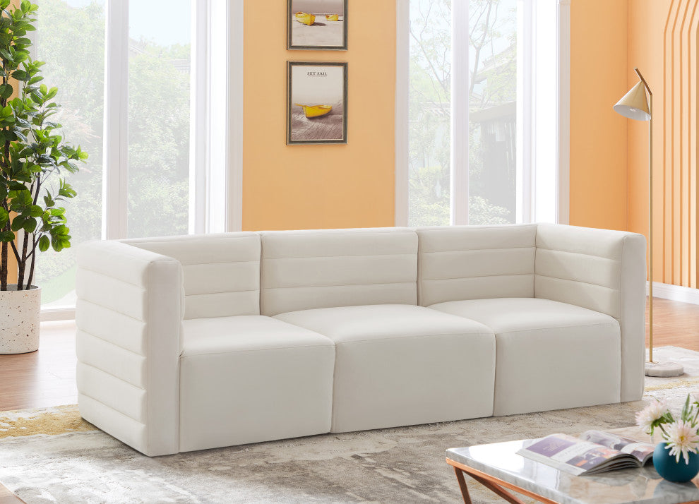 Quincy Velvet Upholstered 3-Piece Modular Sofa, Cream