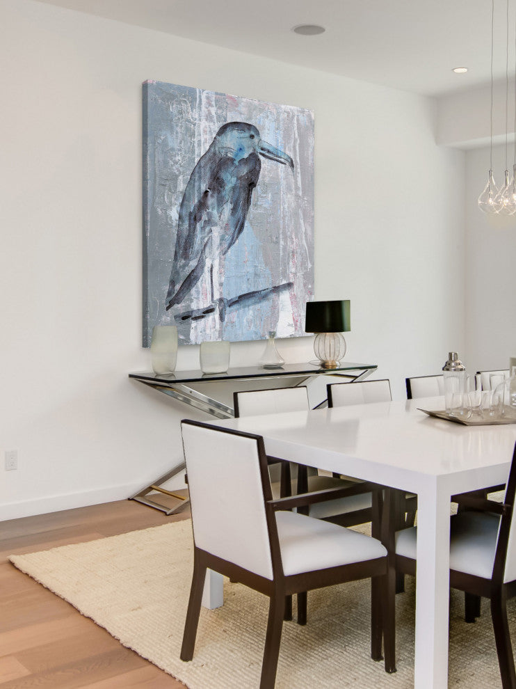 "Blue-Grey Bird" Painting Print on Wrapped Canvas, 30"x45"