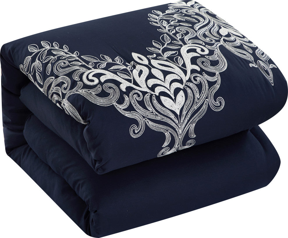 Diona Damask 7 Piece Comforter Set, Navy , Queen