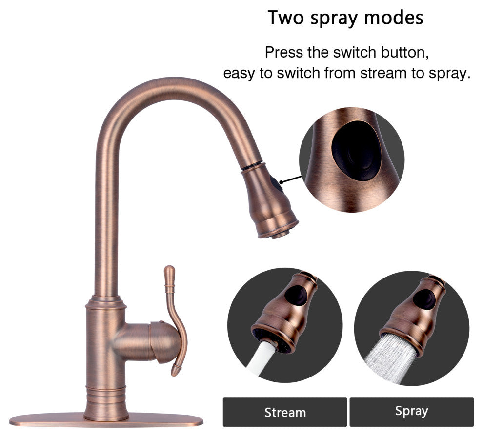 Copper Pull Down Kitchen Faucet, Single Level Solid Brass Kitchen Sink Faucets, American Bronze