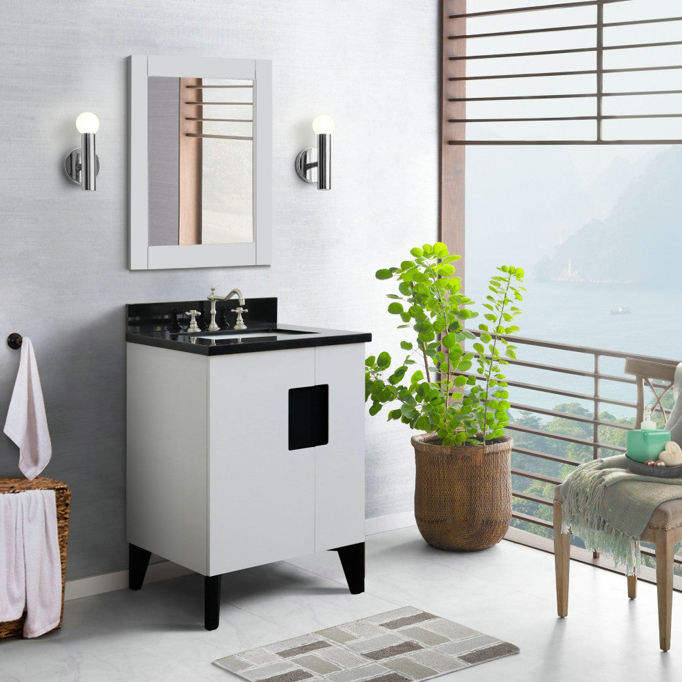 25" Single Sink Vanity, White Finish With Black Galaxy Granite