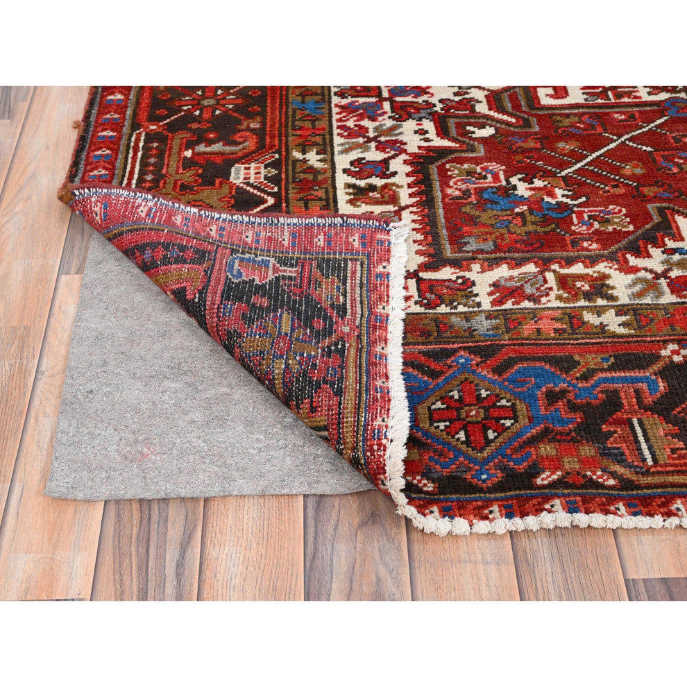 Imperial Red Pure Wool Hand Knotted Semi Antique Persian Heriz Rug 9'8"x12'9"