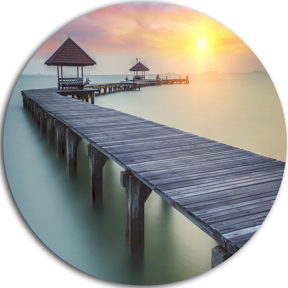 Long Wooden Bridge Into The Sunrise, Sea Pier Round Wall Art, 23"