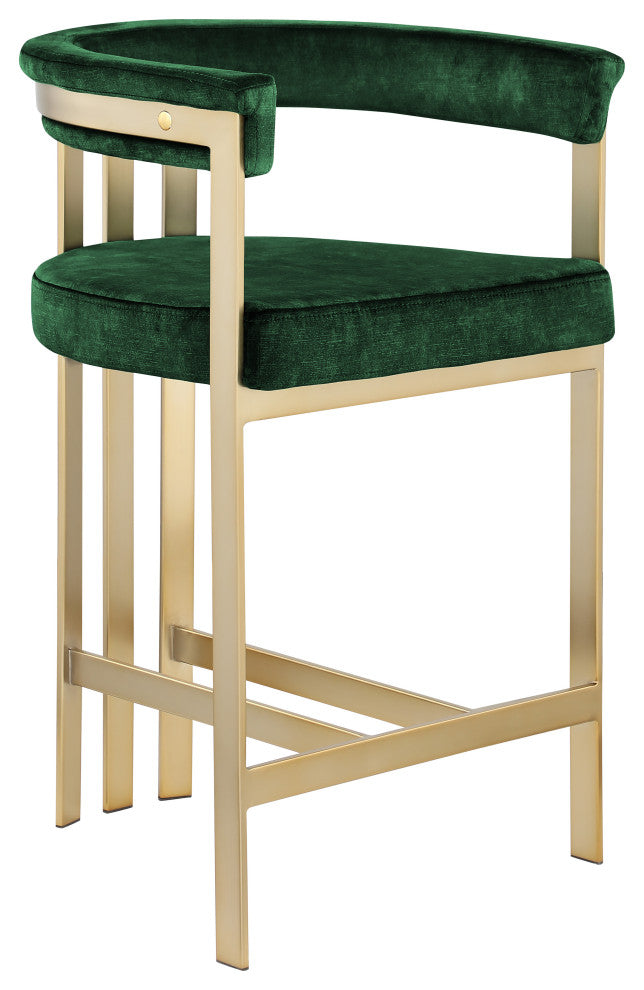 Marcello Upholstered Counter Stool, Green, Velvet, Brushed Brass