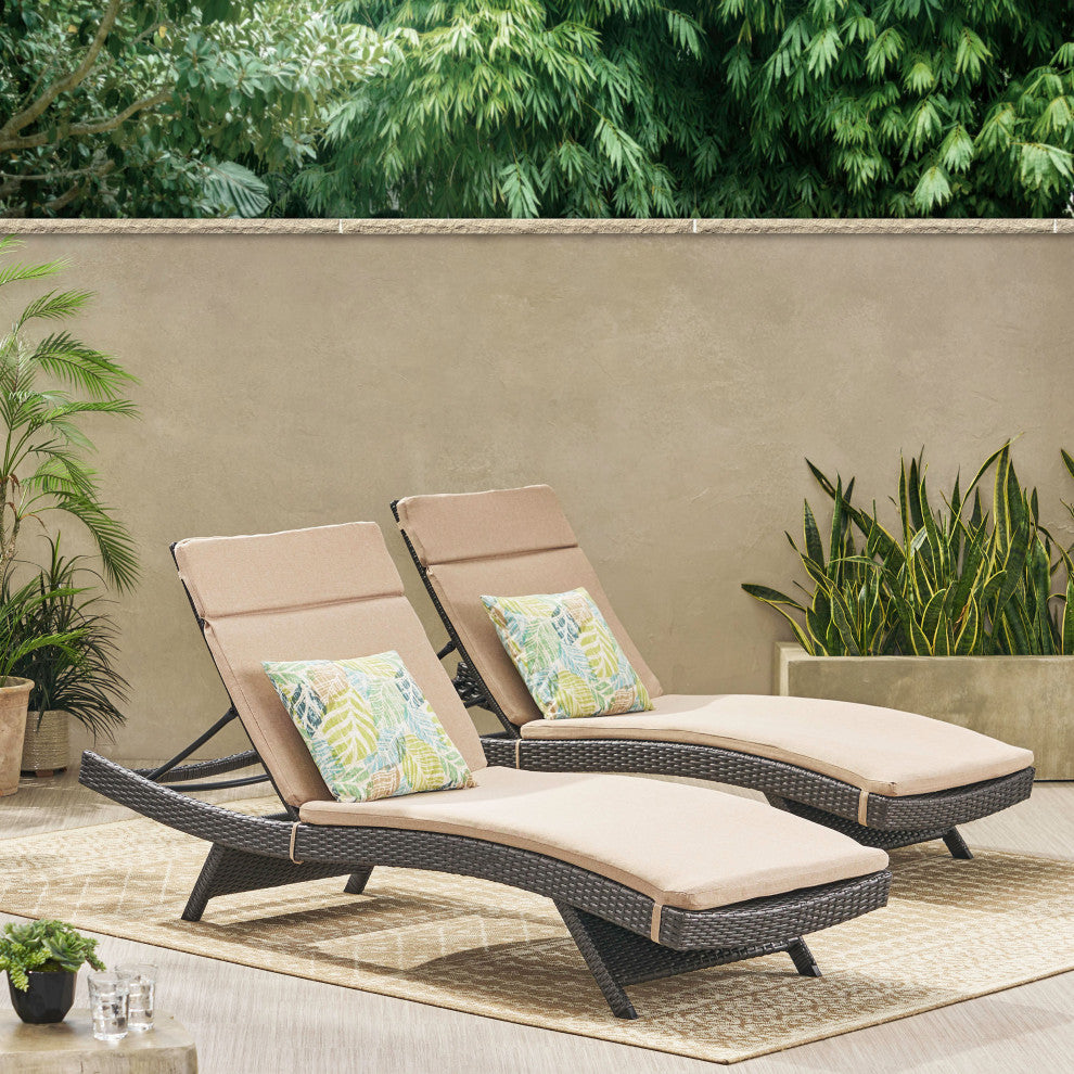 GDF Studio Nassau Outdoor Wicker Adjustable Lounges, Beige Cushions, Set of 2