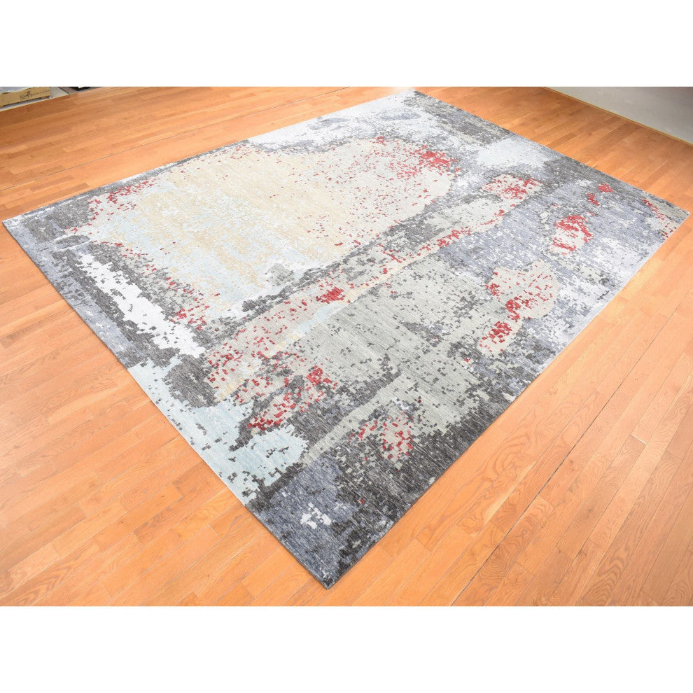Platinum Gray Abstract Design Denser Weave Pure Wool Hand Knotted Rug 10'x14'2"
