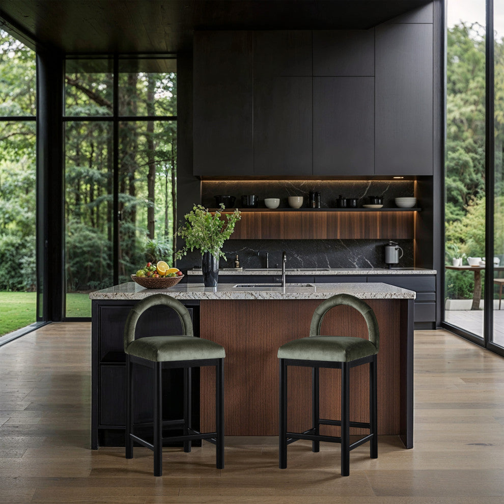 Conrad Upholstered Bar and Counter Stool, Green, Velvet, Black