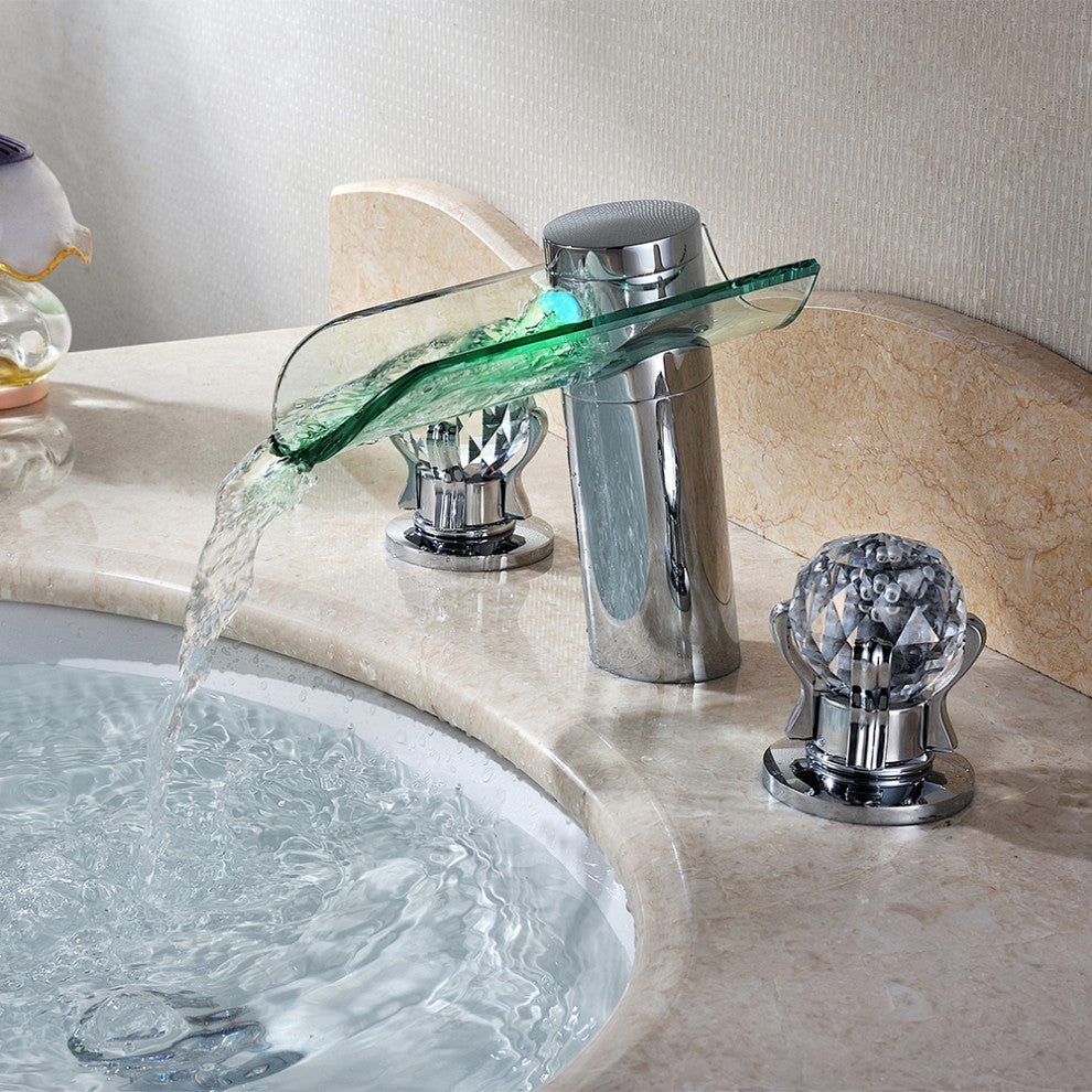 Morga LED Lighted Waterfall Bathroom Widespread Sink Faucet Crystal Handle
