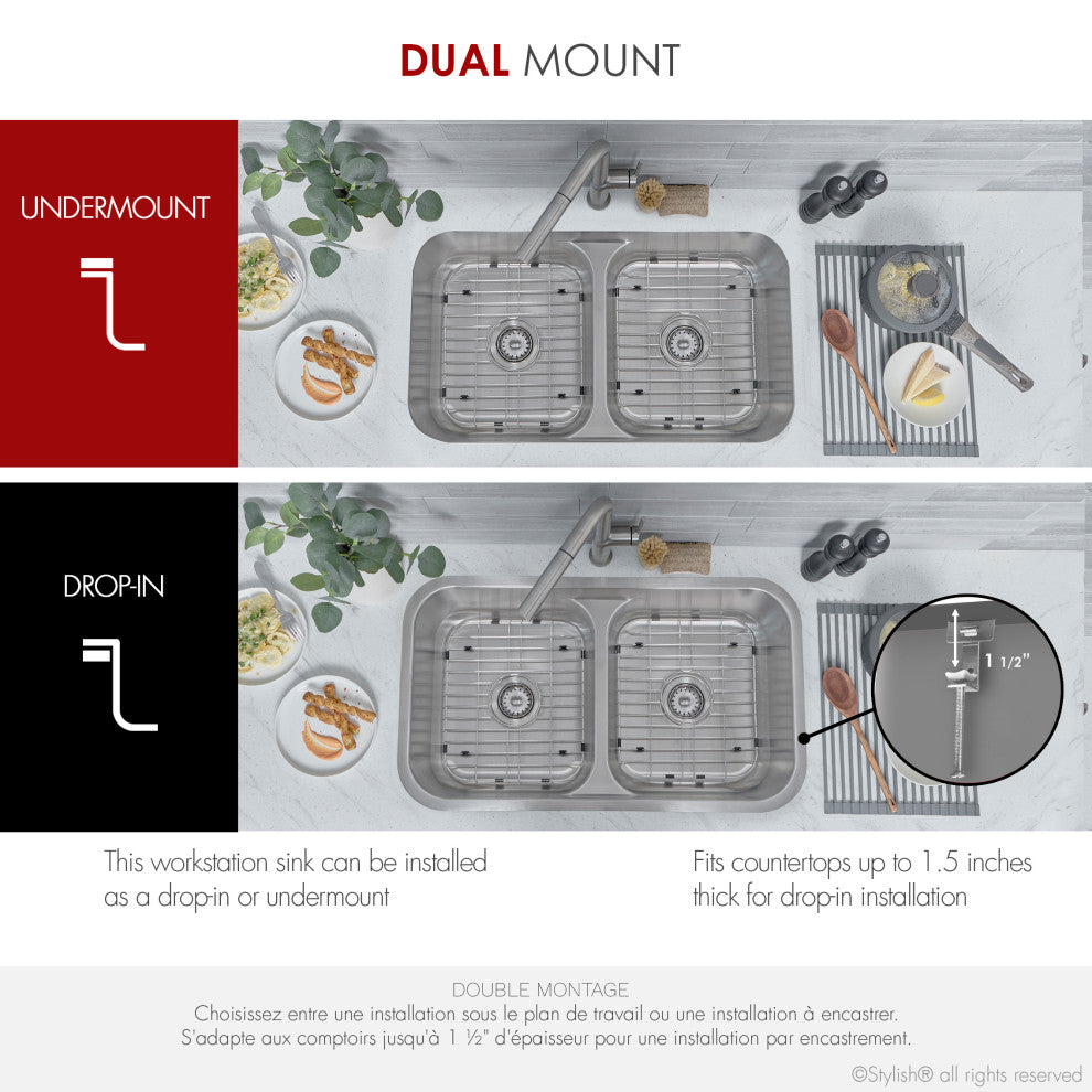 STYLISH 32 Low Divider Double Undermount and Drop-in Kitchen Sink