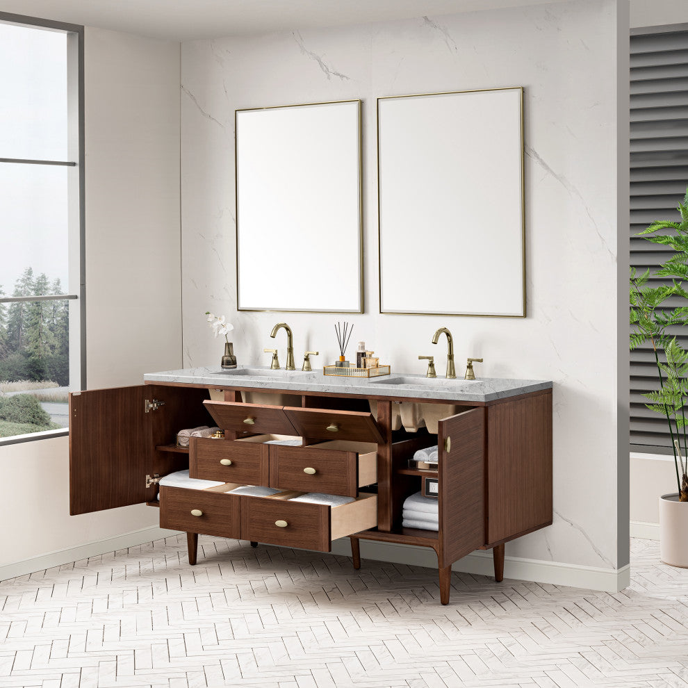 Amberly 30" Single Vanity, Mid-Century Walnut, 72", Eternal Jasmine Pearl, Three-Hole