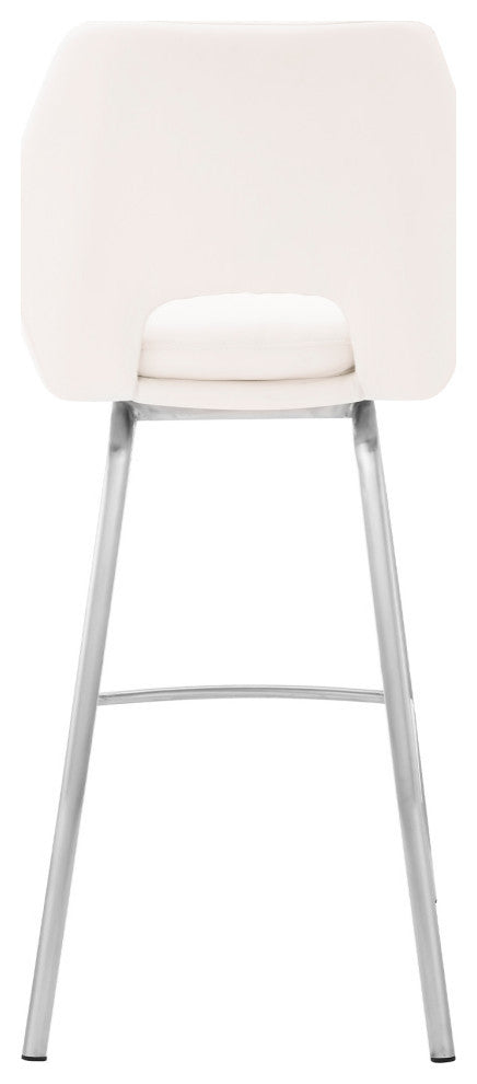 Aura Faux Leather and Metal Bar Stool, Stainless Steel and White, Bar Height, 29-32"
