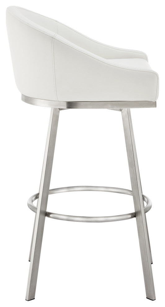 Noran Swivel Counter Stool, Brushed Stainless Steel With White Faux Leather
