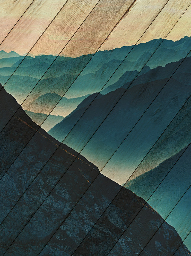 Faux Wood Misty Blue Silhouette Mountains Landscape Canvas Art Print, 18" X 24"
