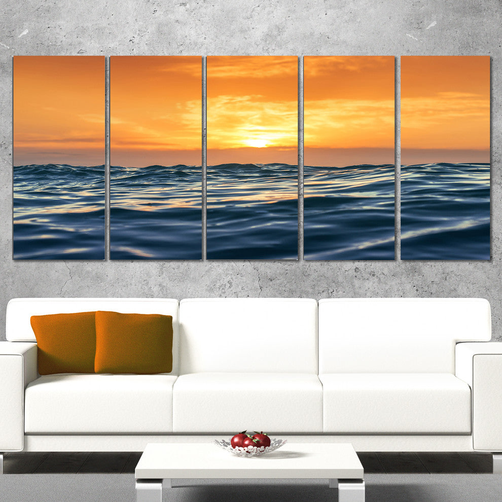 "Blue Waves Dancing At Yellow Sunset" Beach Canvas Wall Art, 5 Panels, 60"x28"