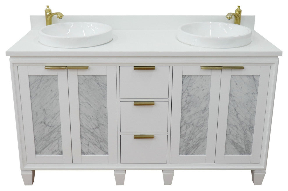 61" Double Sink Vanity, White Finish With Engineered Stone Top And Round Sink