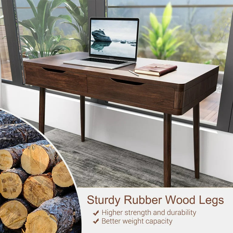 Mid Century Desk, Angled Legs & 2 Storage Drawers With Cut Out Pulls, Walnut
