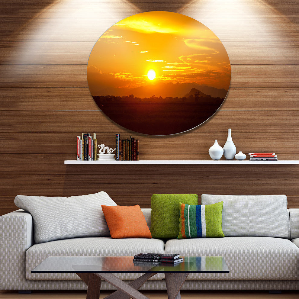 Bright Yellow Sunset In Sri Lanka, Landscape Disc Metal Artwork, 36"
