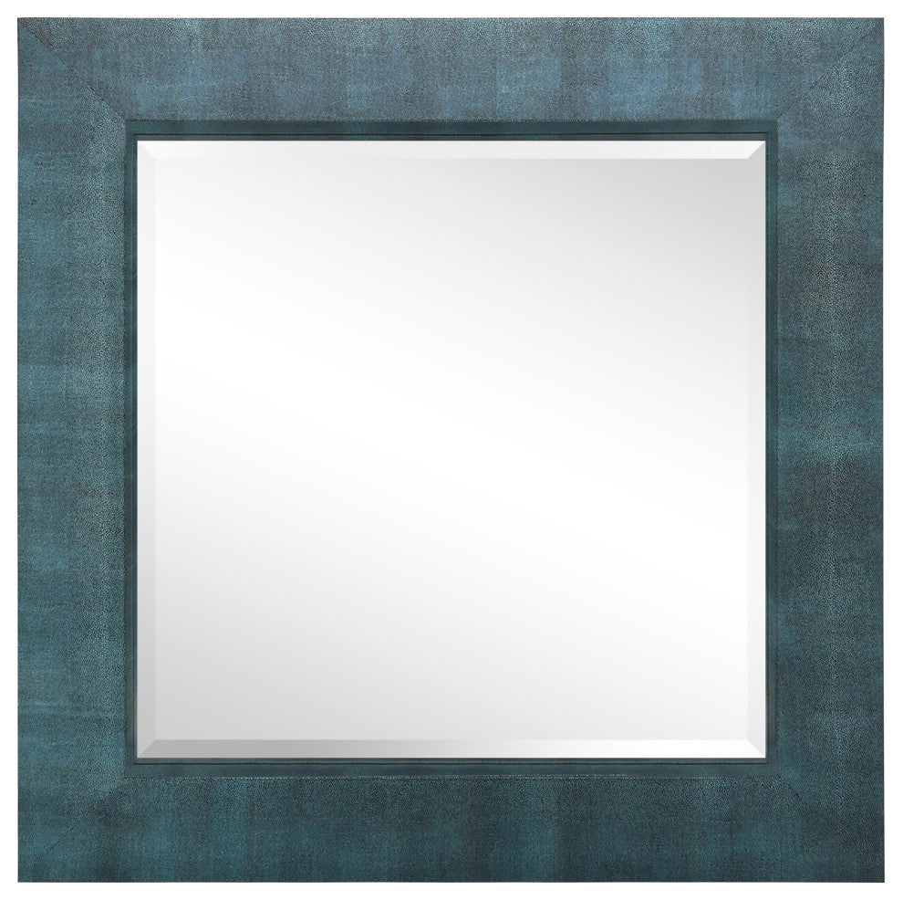 Beveled Wall Mirror,Black on Blue Metallic Shagreen Leather Framed Square Mirror