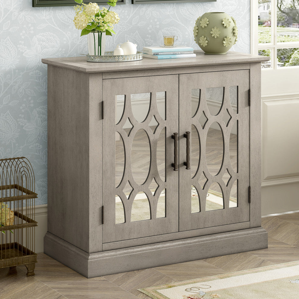 Wood Double Decorative Mirror Door Accent Cabinet, Grey, 30" X 14"