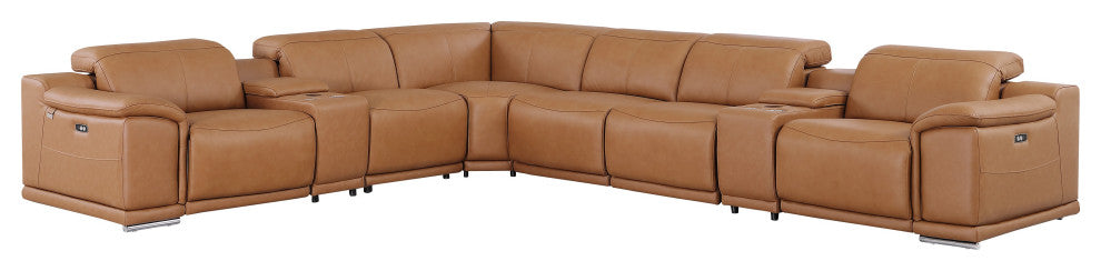 Federico 8-Piece L-Shaped Italian Leather Sectional, 4 Power Recliners, Cognac