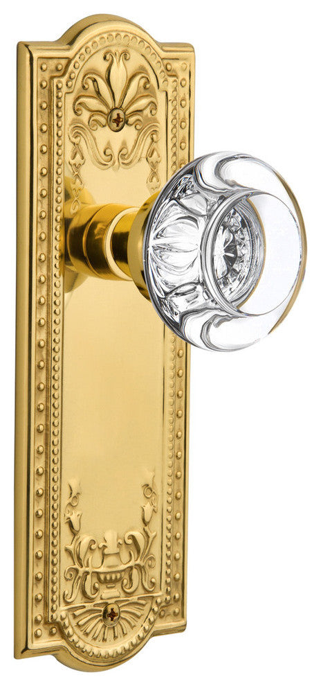 Meadows Plate Privacy Round Clear Crystal Glass Knob, Unlacquered Brass