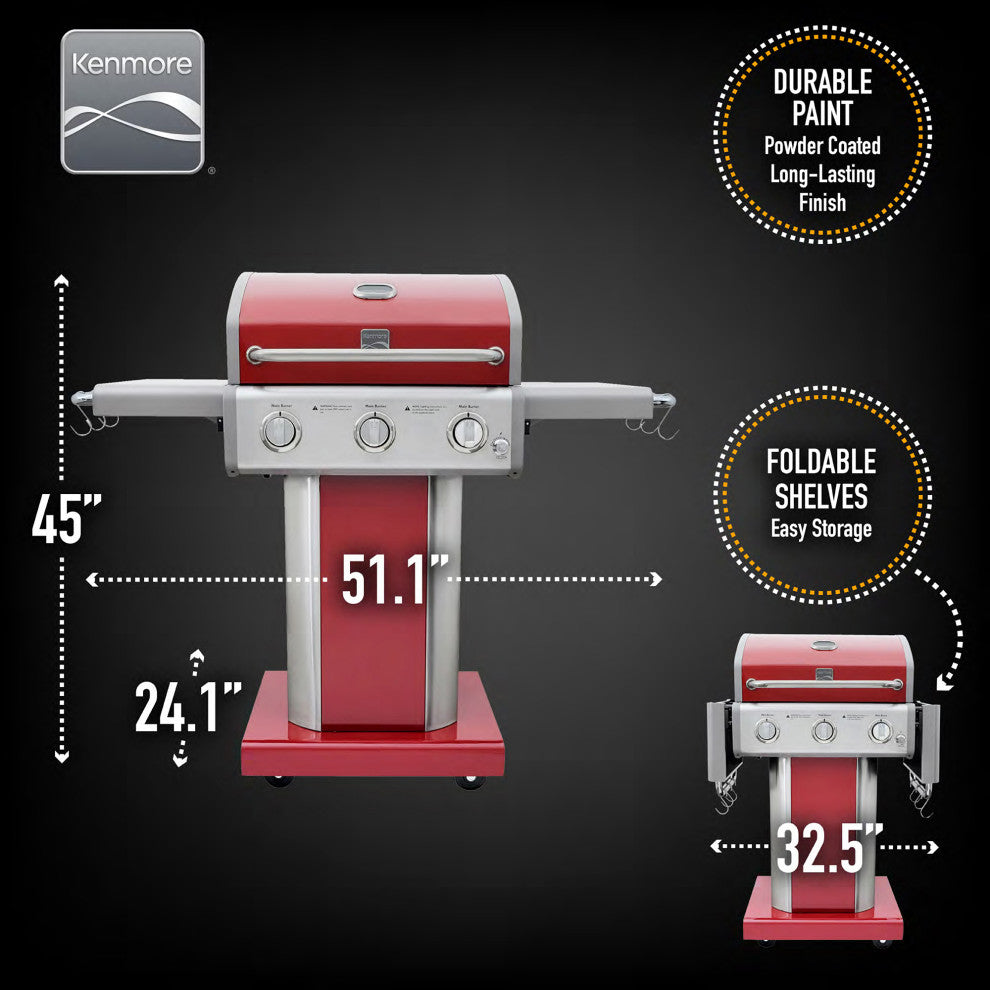 Kenmore 3 Burner Gas Grill with Side Shelves, Red