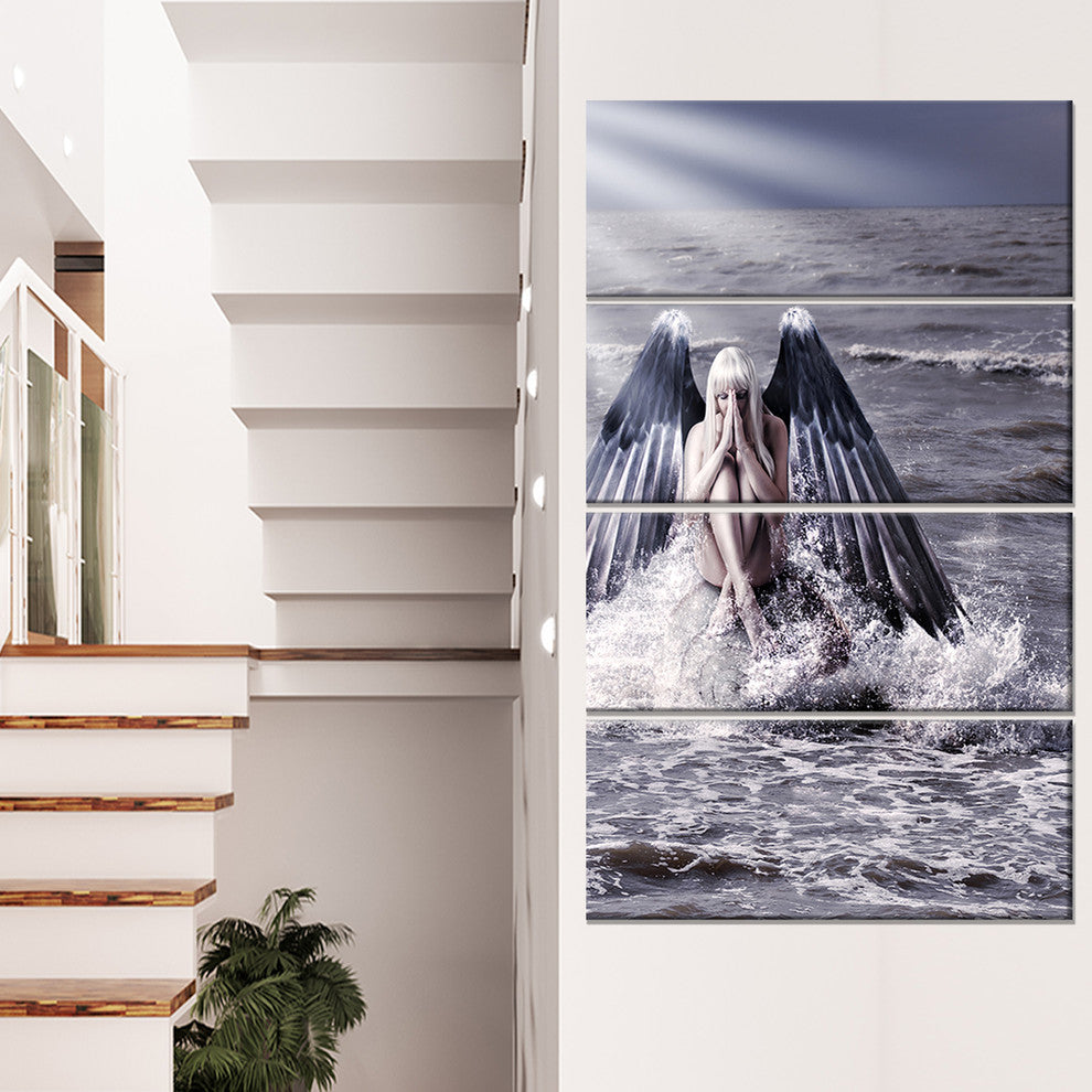 "Woman With Dark Angel Wings" Modern Beach Canvas Art Print, 4 Panels, 28"x48"