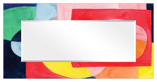 Abstract Rectangular Beveled Wall Mirror on Free Floating Printed Tempered Glass