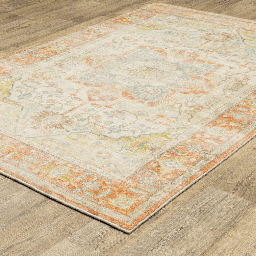 5' X 7' Orange Silver Gold And Grey Abstract Power Loom Stain Resistant Area Rug