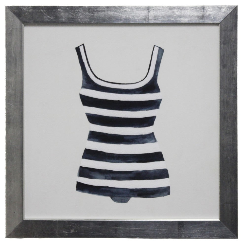 Square Blue And White Striped Bathing Suit, Flat Wide Silver