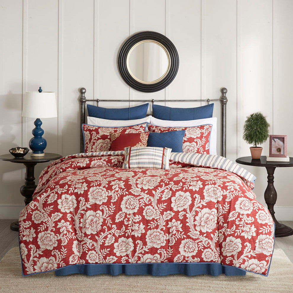 Madison Park Lucy 9 Piece Cotton Twill Reversible Comforter Set in Red